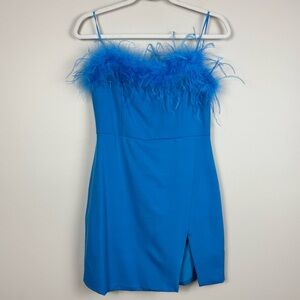 DO+BE Blue Feathered Mini Dress Womens Medium Y2K Bodycon Front Slit Dance
